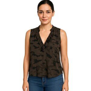 L'AGENCE Medium Silk Camo Print Ruffle Front Split Neck Tank Blouse